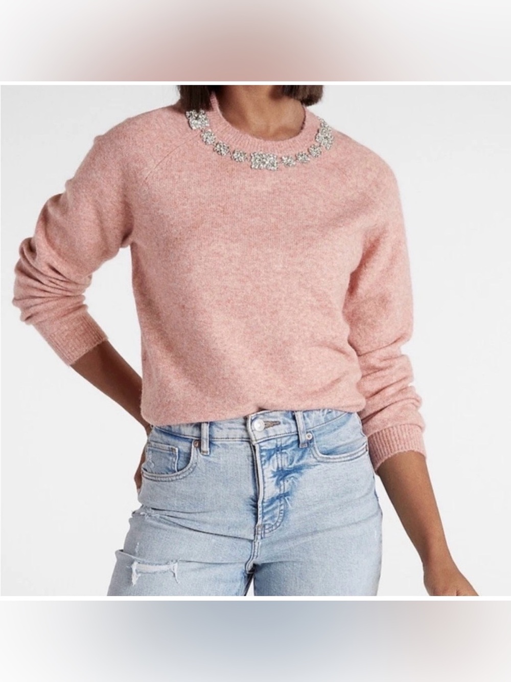Express women’s Pink Crewneck Sweater with Embellished Neckline size small